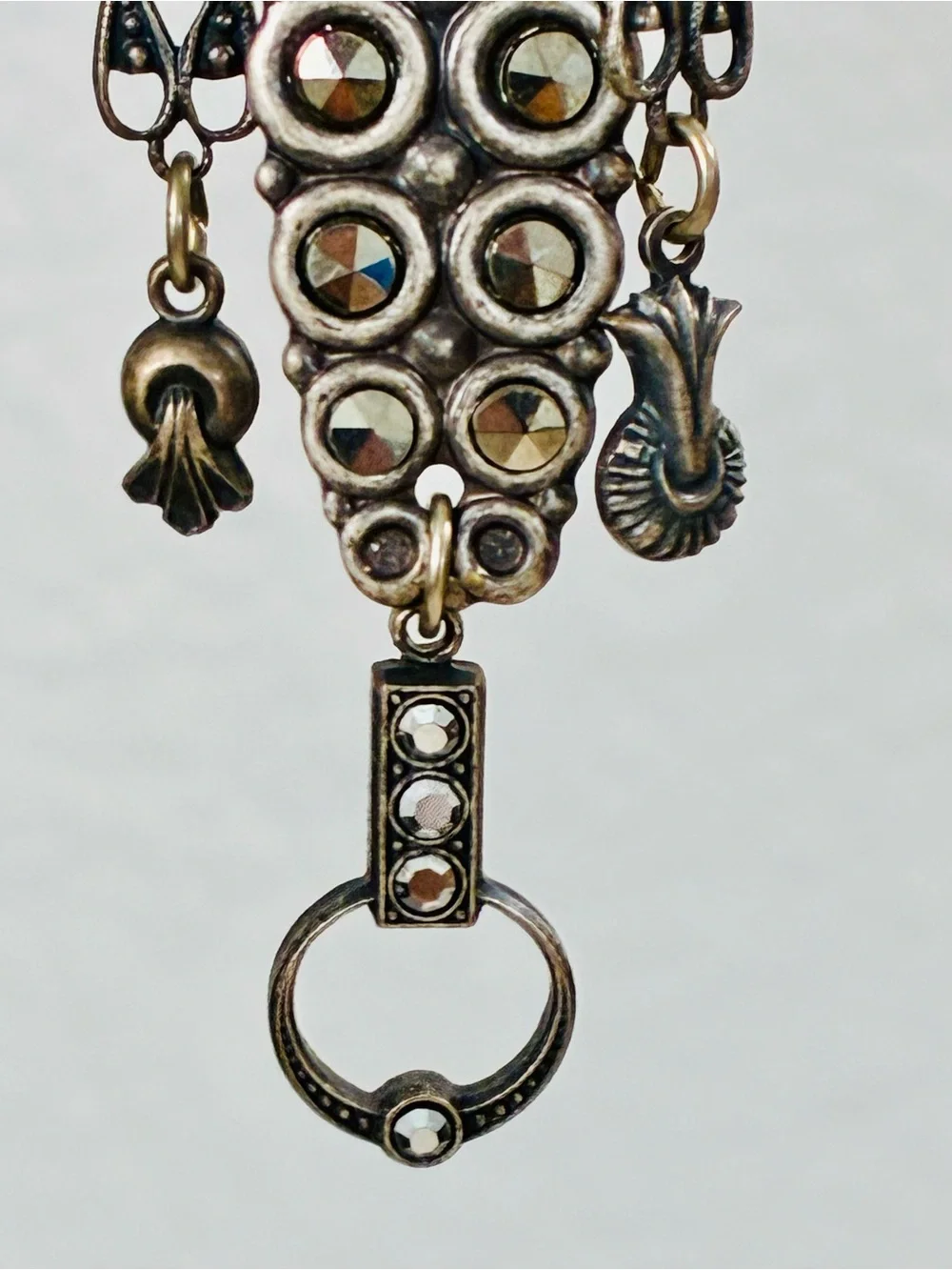 Antique Silver-Tone Art Deco Revival Dark Swarovski Dangle Clip Earrings 90s EUC
